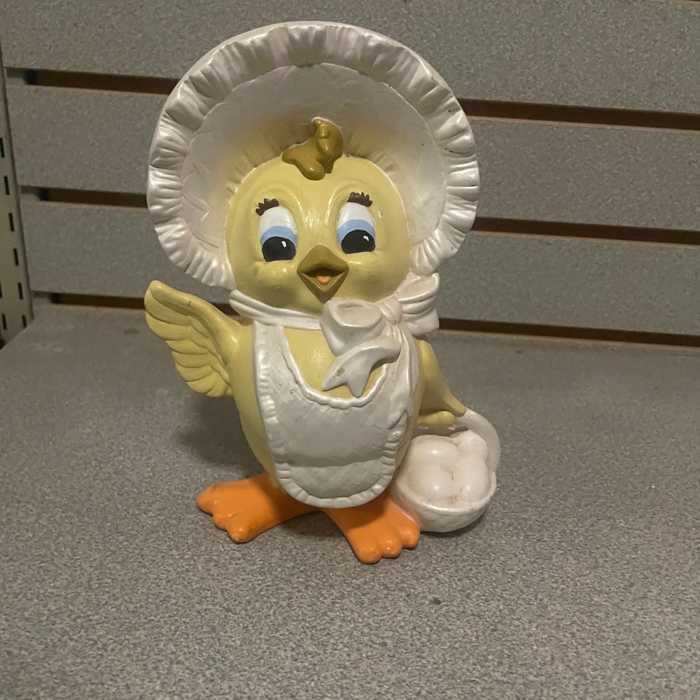 Vintage Yellow Baby Chick Figurine with Sunbonnet Apron and Egg Basket Easter